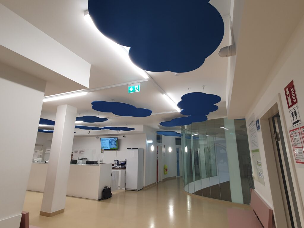 a room with blue clouds painted on the ceiling